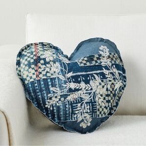 Pottery Barn Heart-Shaped Blue Patchwork Pillow